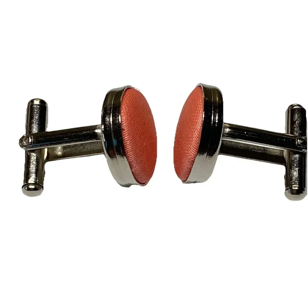 Elegant Salmon Pink Fabric Cuff Links Round Chrome Like Rim Formal & Vintage